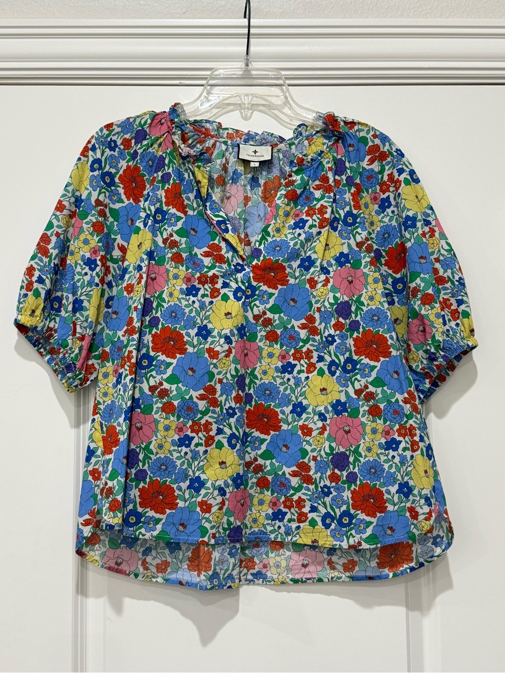 Tuckernuck Floral Cotton Blouse Top Large Puff Sleeve Red Garden Boho Casual